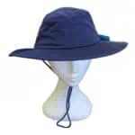 Wide brim navy blue sun hat on model